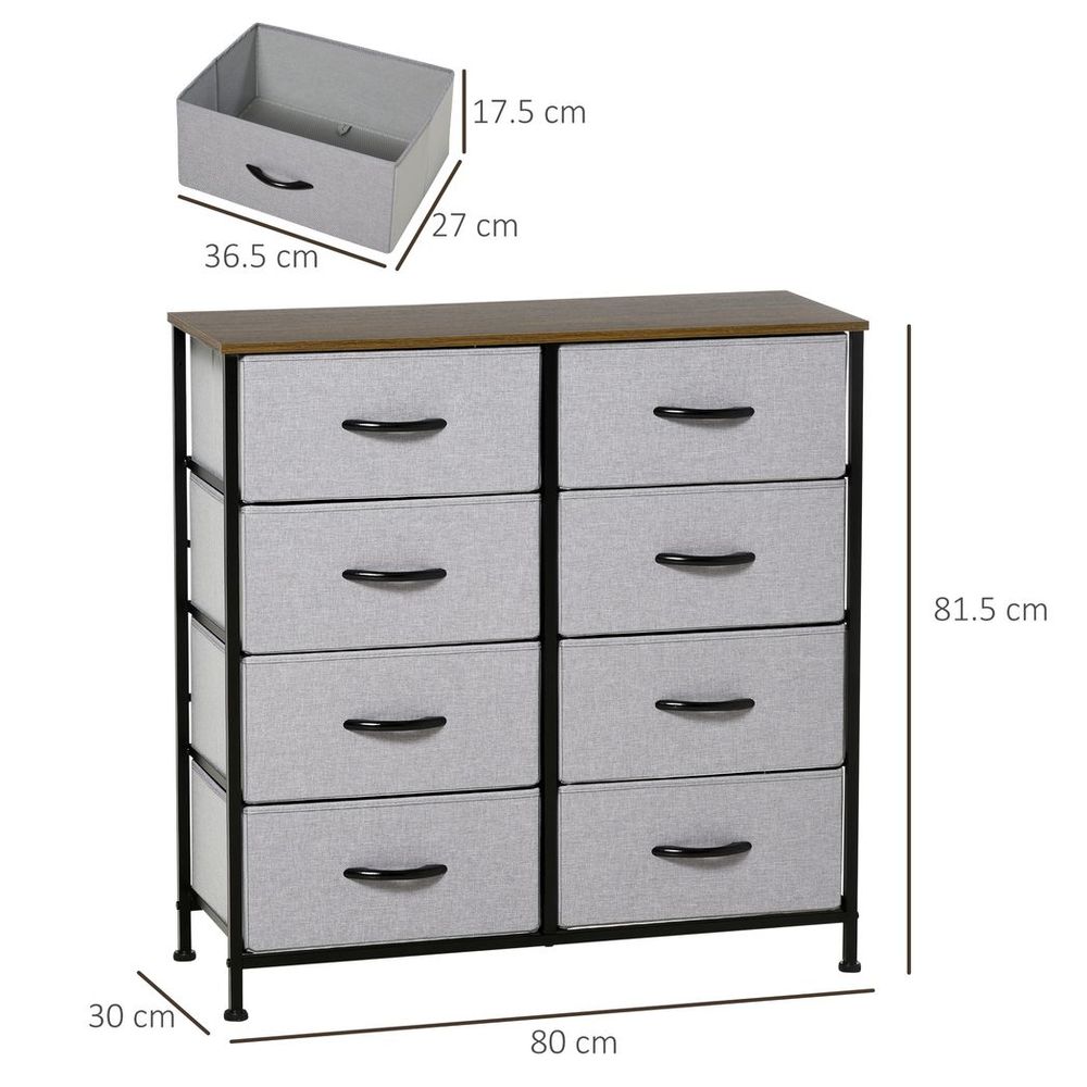 HOMCOM 8 Drawer Fabric Chest of Drawers w/ Wooden Top for Closet Hallway Grey - SILVIONIX