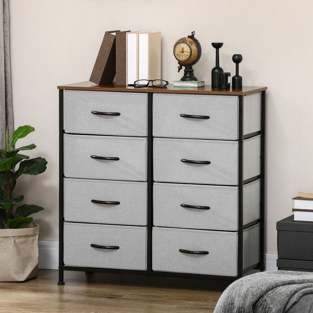 HOMCOM 8 Drawer Fabric Chest of Drawers w/ Wooden Top for Closet Hallway Grey - SILVIONIX