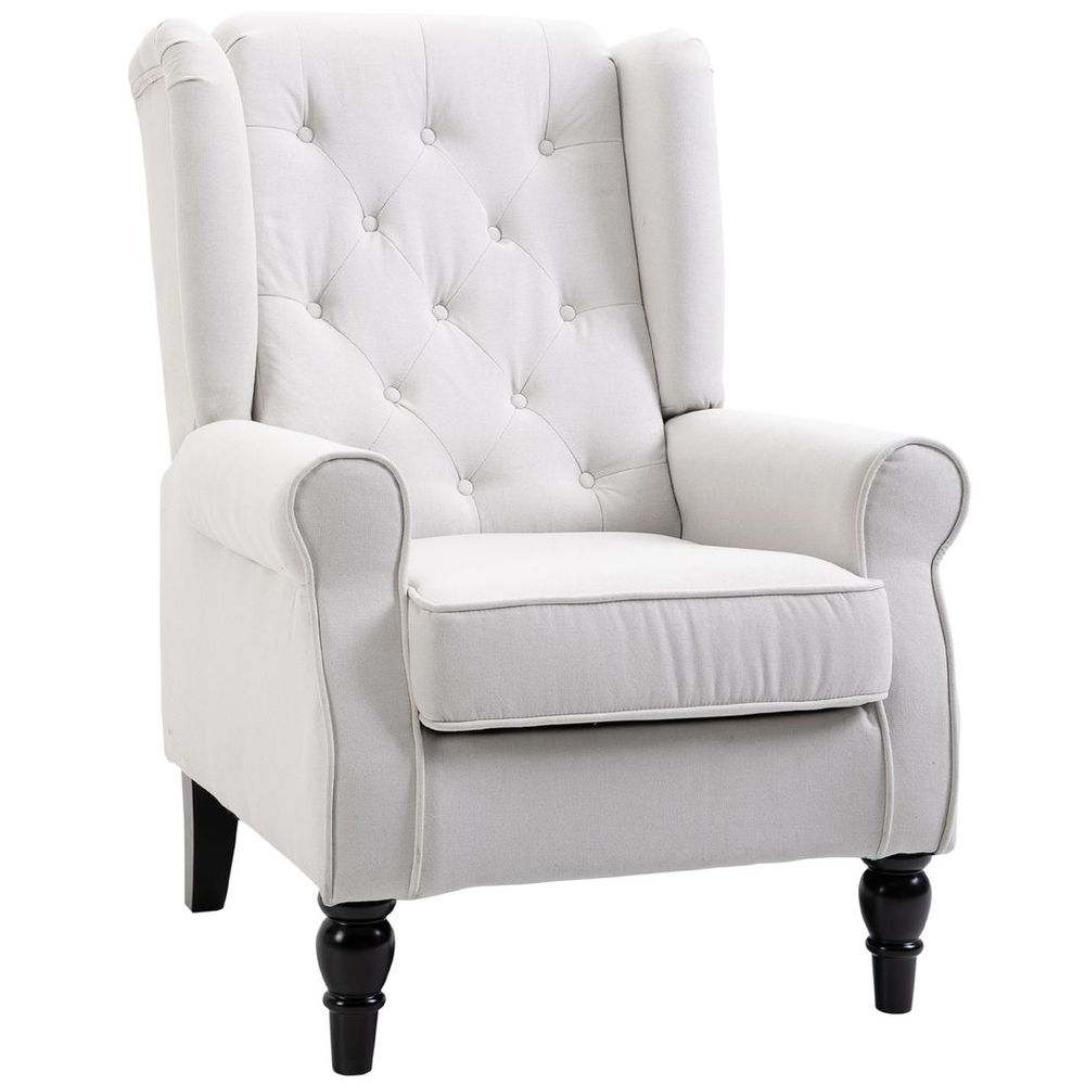 HOMCOM Accent Armchair Home Furniture Retro Tufted Club Wood Fabric Cream White - SILVIONIX