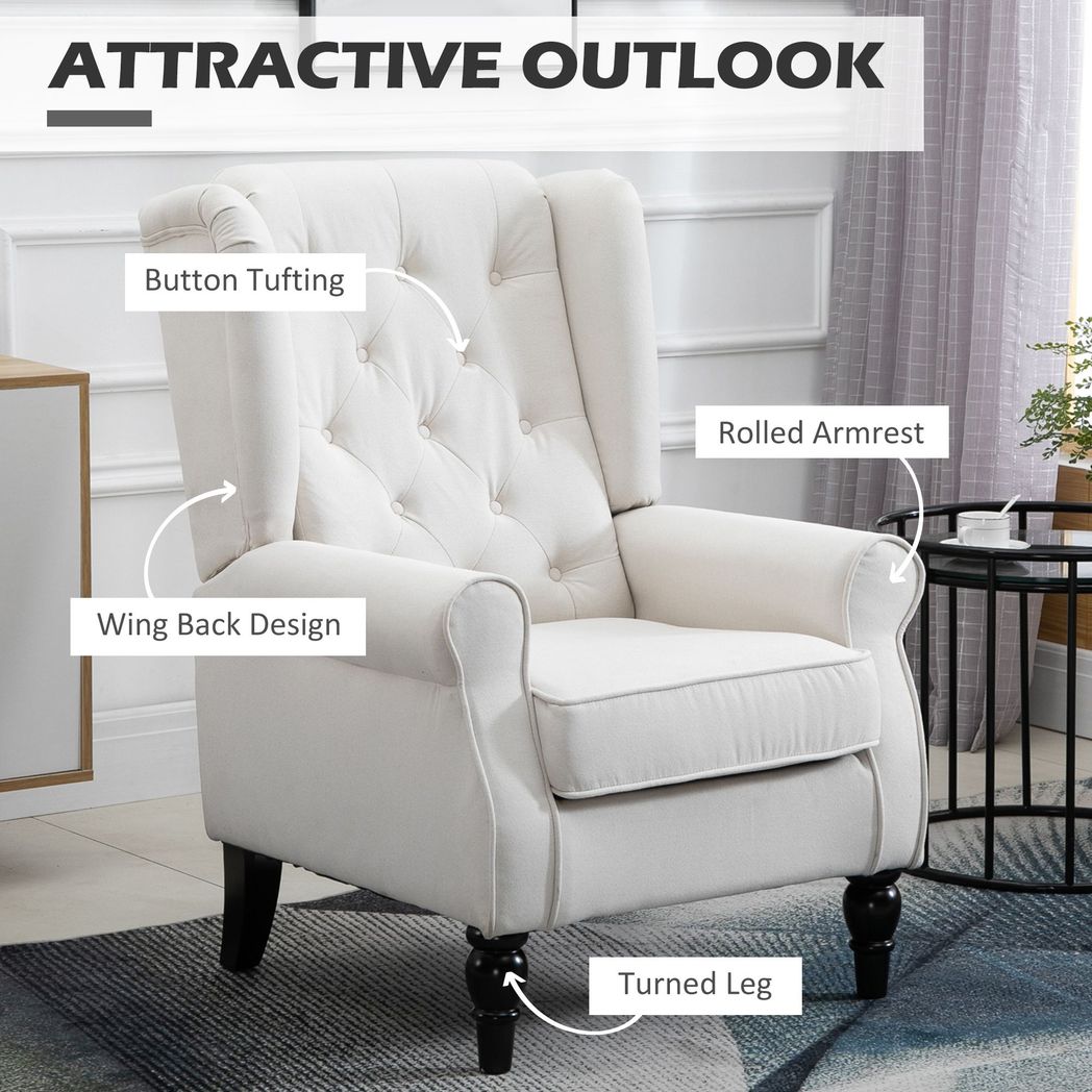 HOMCOM Accent Armchair Home Furniture Retro Tufted Club Wood Fabric Cream White - SILVIONIX