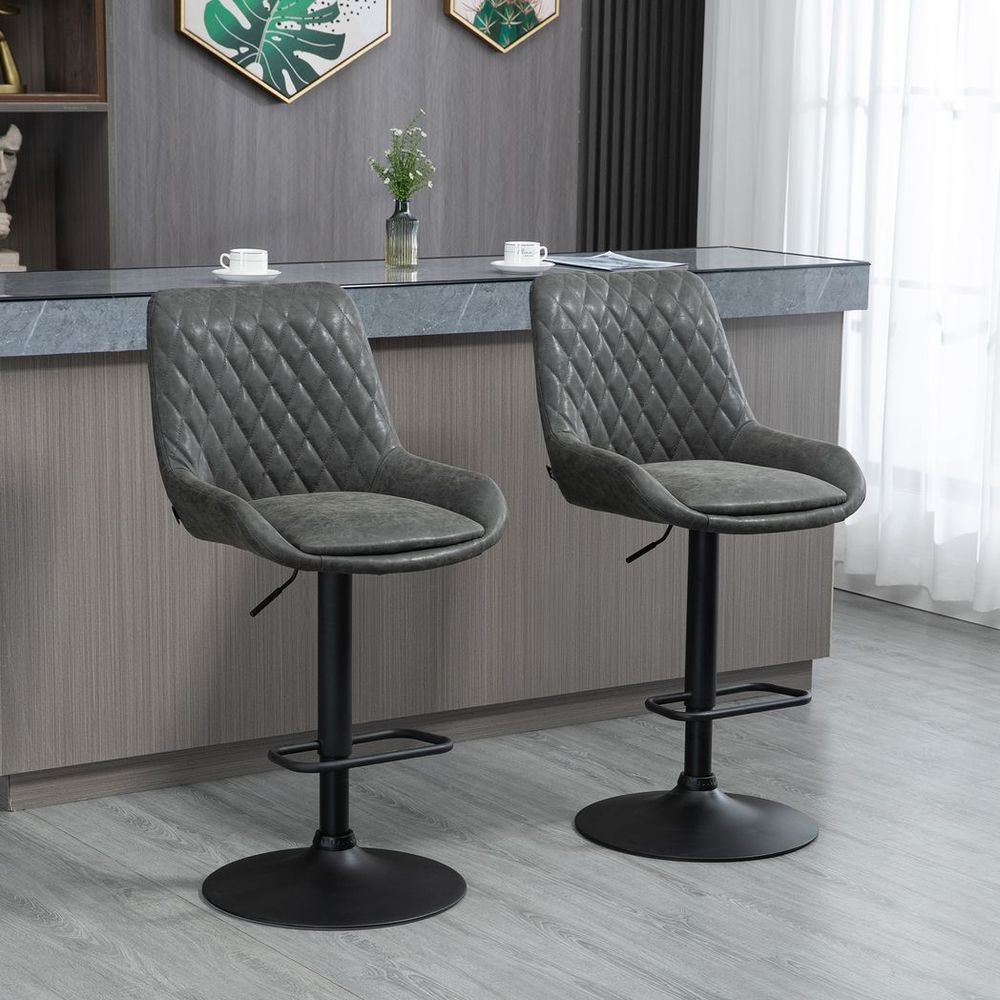 HOMCOM Bar Stools Set of 2, Adjustable Bar Chairs 360° Swivel for Kitchen Grey - SILVIONIX