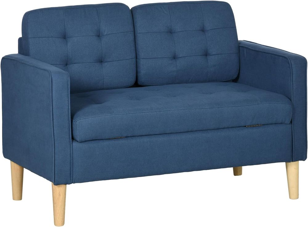 HOMCOM Compact Loveseat Sofa 2 Seater Sofa with Storage and Wood Legs Blue - SILVIONIX