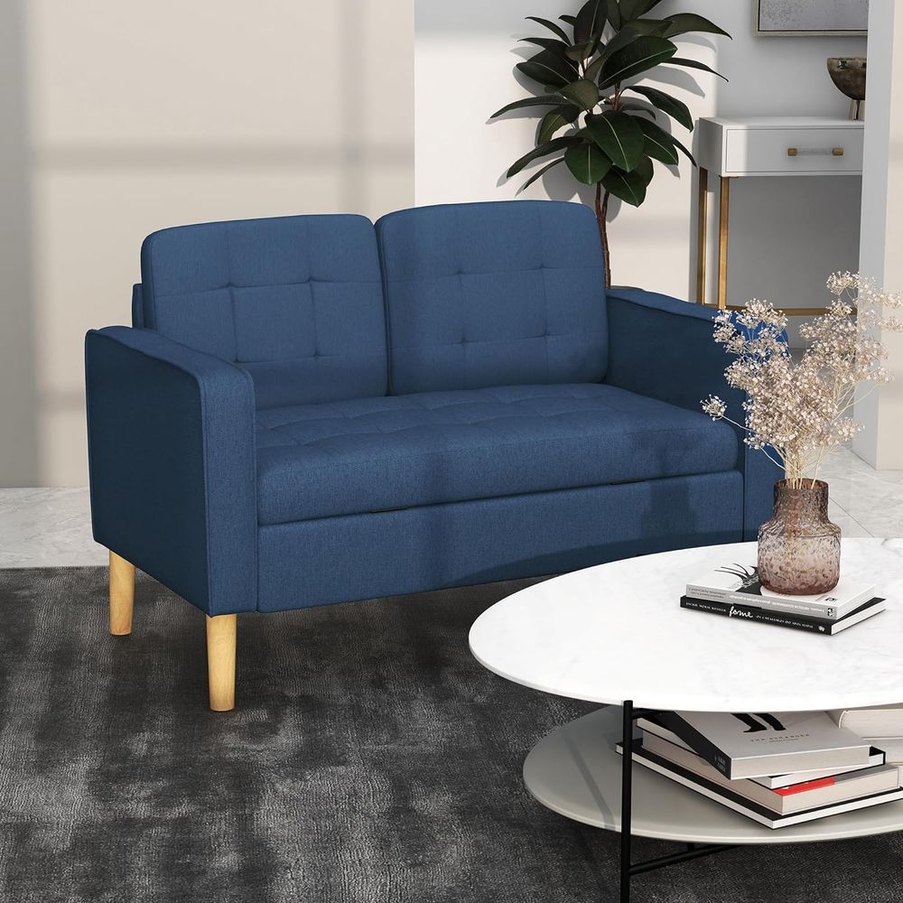 HOMCOM Compact Loveseat Sofa 2 Seater Sofa with Storage and Wood Legs Blue - SILVIONIX