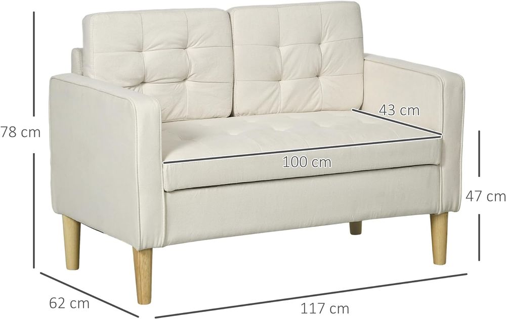 HOMCOM Compact Loveseat Sofa 2 Seater Sofa with Storage and Wood Legs Cream - SILVIONIX