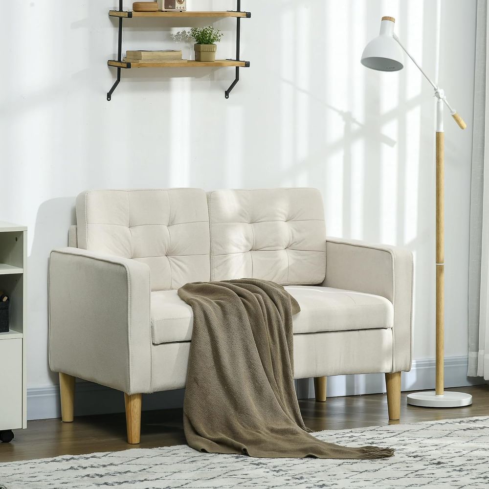 HOMCOM Compact Loveseat Sofa 2 Seater Sofa with Storage and Wood Legs Cream - SILVIONIX