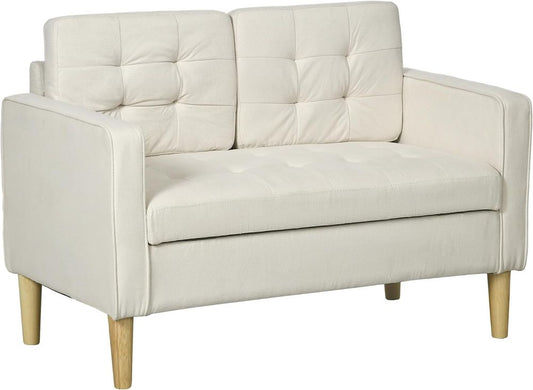 HOMCOM Compact Loveseat Sofa 2 Seater Sofa with Storage and Wood Legs Cream - SILVIONIX