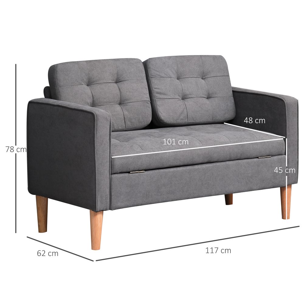 HOMCOM Compact Loveseat Sofa 2 Seater Sofa with Storage and Wood Legs Grey - SILVIONIX