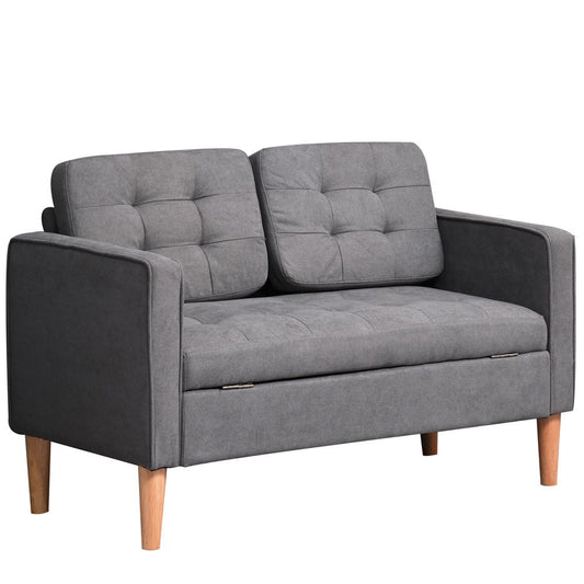 HOMCOM Compact Loveseat Sofa 2 Seater Sofa with Storage and Wood Legs Grey - SILVIONIX