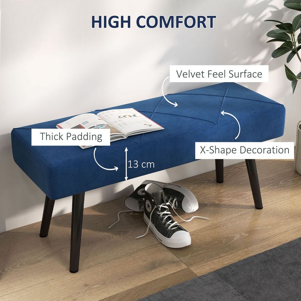 HOMCOM End of Bed Bench, Upholstered Hallway Bedroom with Steel Legs, Blue - SILVIONIX