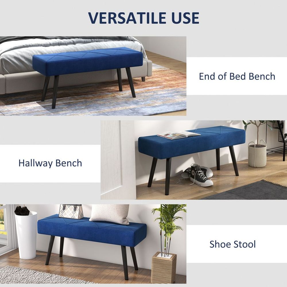 HOMCOM End of Bed Bench, Upholstered Hallway Bedroom with Steel Legs, Blue - SILVIONIX