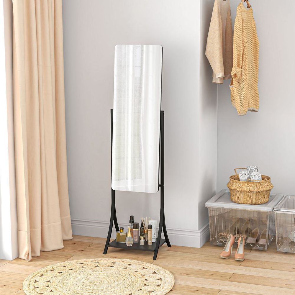 HOMCOM Freestanding Full Length Mirror Adjustable Full Body Mirror w/ Shelf - SILVIONIX