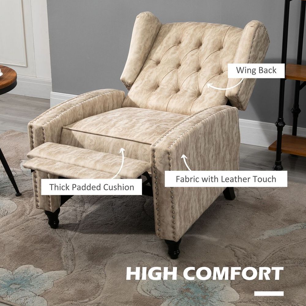 HOMCOM Marble Effect Manual Reclining Armchair w/ Footrest Studs Wood Legs Beige - SILVIONIX