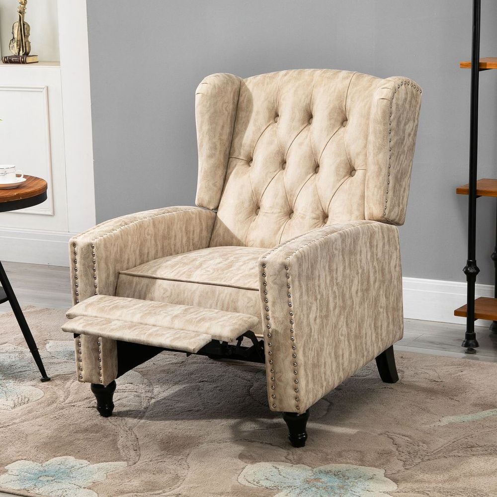 HOMCOM Marble Effect Manual Reclining Armchair w/ Footrest Studs Wood Legs Beige - SILVIONIX