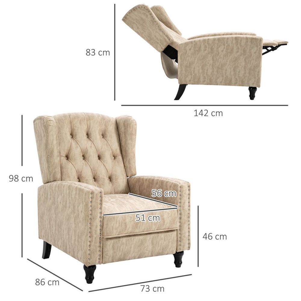 HOMCOM Marble Effect Manual Reclining Armchair w/ Footrest Studs Wood Legs Beige - SILVIONIX