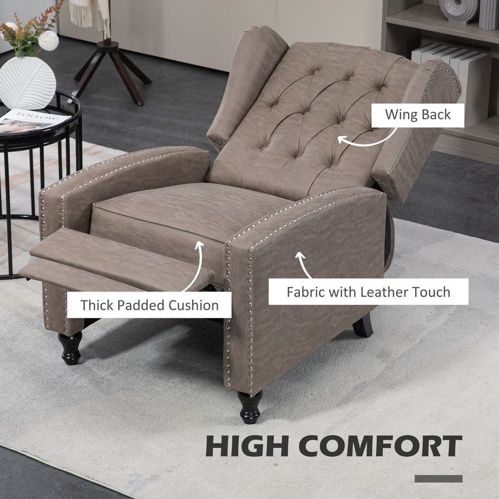 HOMCOM Marble Effect Manual Reclining Armchair w/ Footrest Studs Wood Legs Brown - SILVIONIX