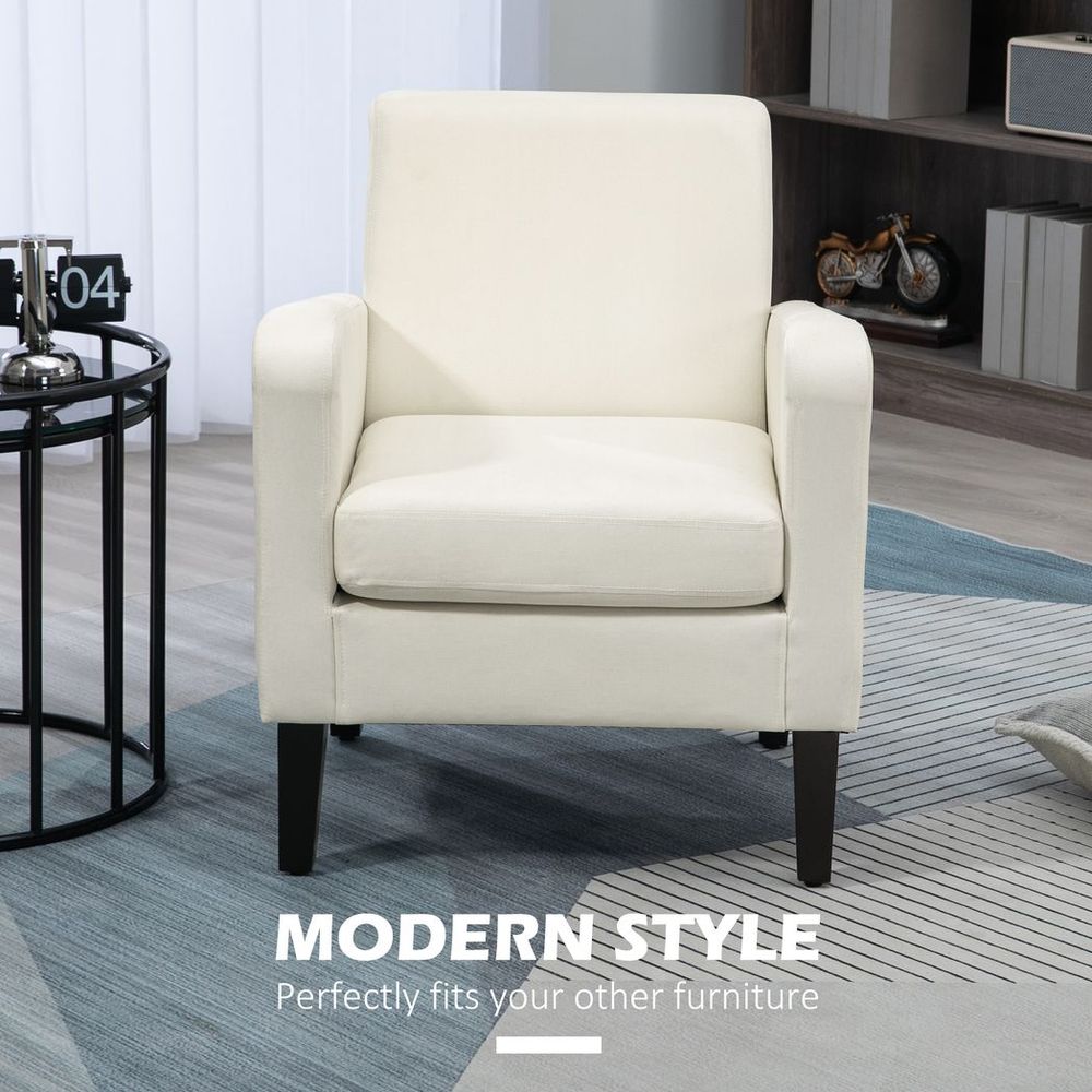 HOMCOM Modern Armchair Accent Chair with Rubber Wood Leg for Bedroom Cream White - SILVIONIX