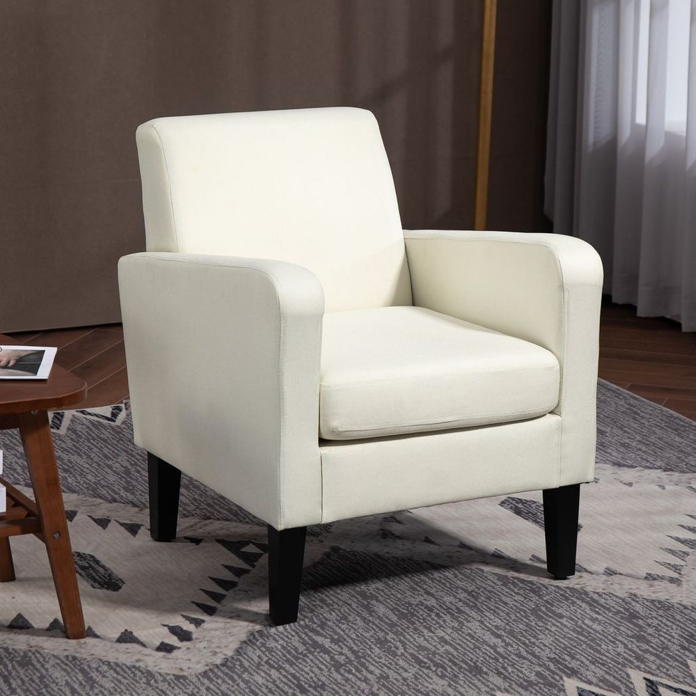 HOMCOM Modern Armchair Accent Chair with Rubber Wood Leg for Bedroom Cream White - SILVIONIX