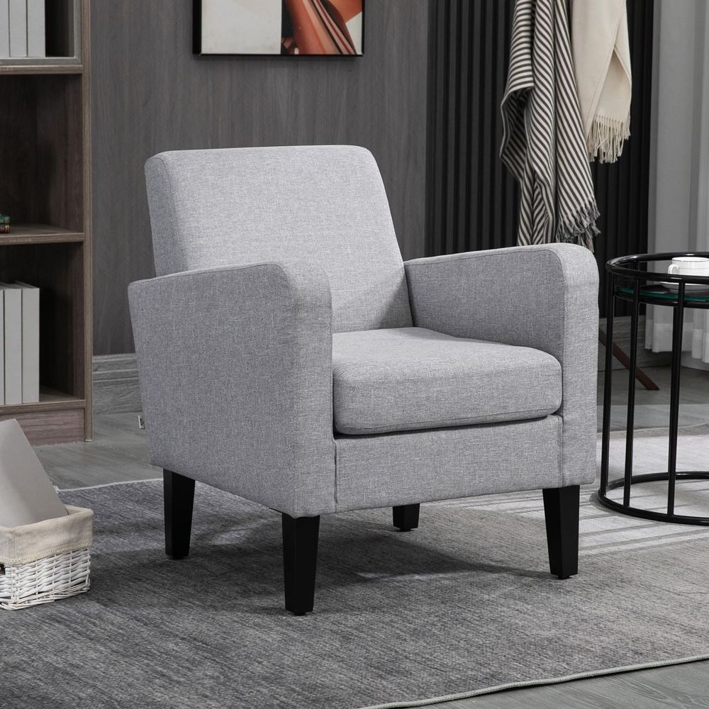 HOMCOM Modern Armchair Accent Chair with Rubber Wood Legs for Bedroom Light Grey - SILVIONIX