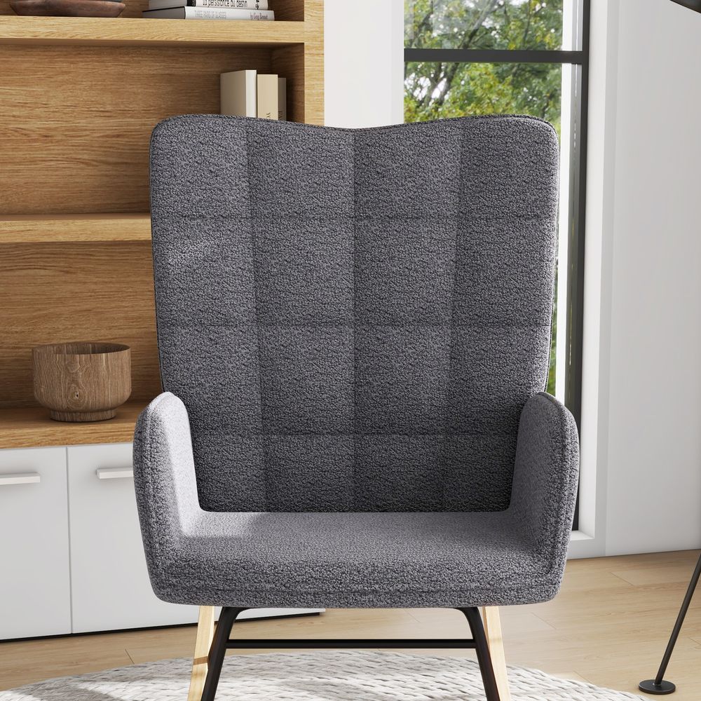 HOMCOM Wingback Rocking Chair for Nursing w/ Steel Frame and Wooden Base Grey - SILVIONIX