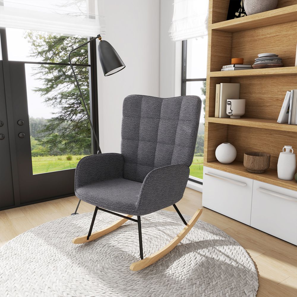 HOMCOM Wingback Rocking Chair for Nursing w/ Steel Frame and Wooden Base Grey - SILVIONIX