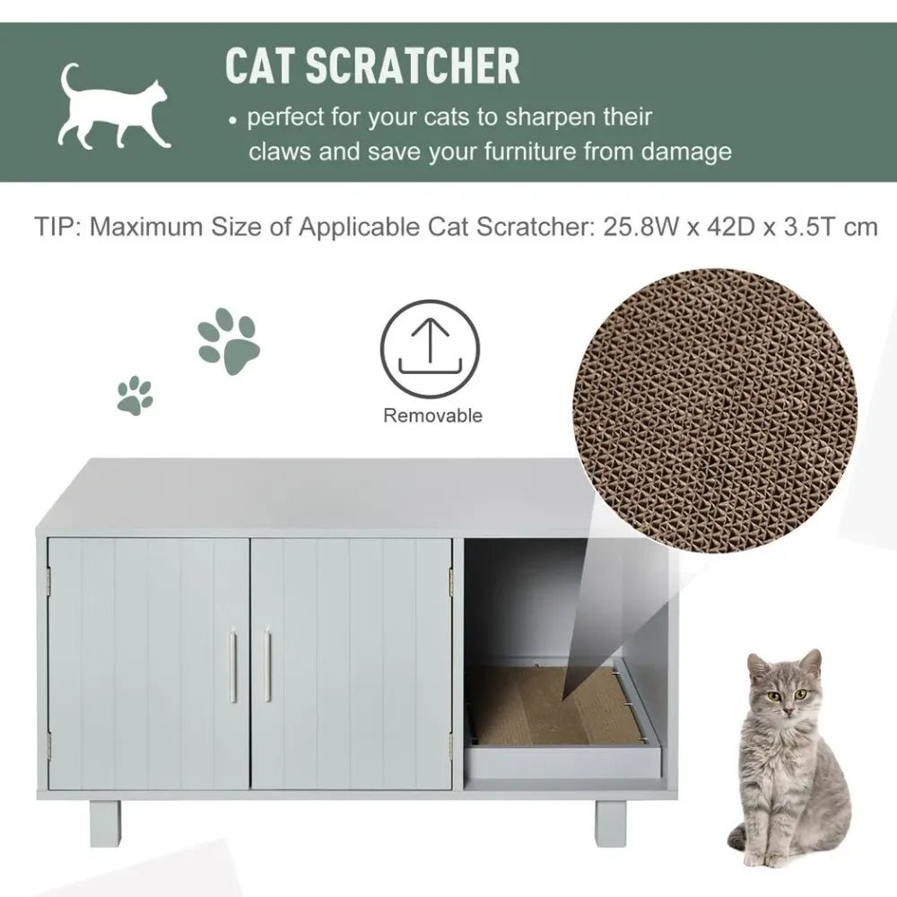 Indoor Feline Cat Box Furniture Kitty Table w/ Scratch & Magnetic Doors, Grey - SILVIONIX