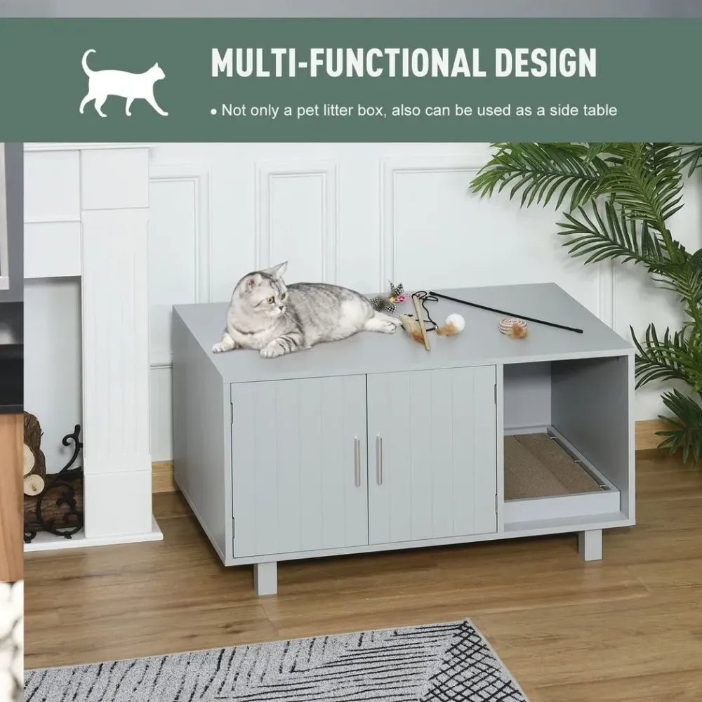 Indoor Feline Cat Box Furniture Kitty Table w/ Scratch & Magnetic Doors, Grey - SILVIONIX