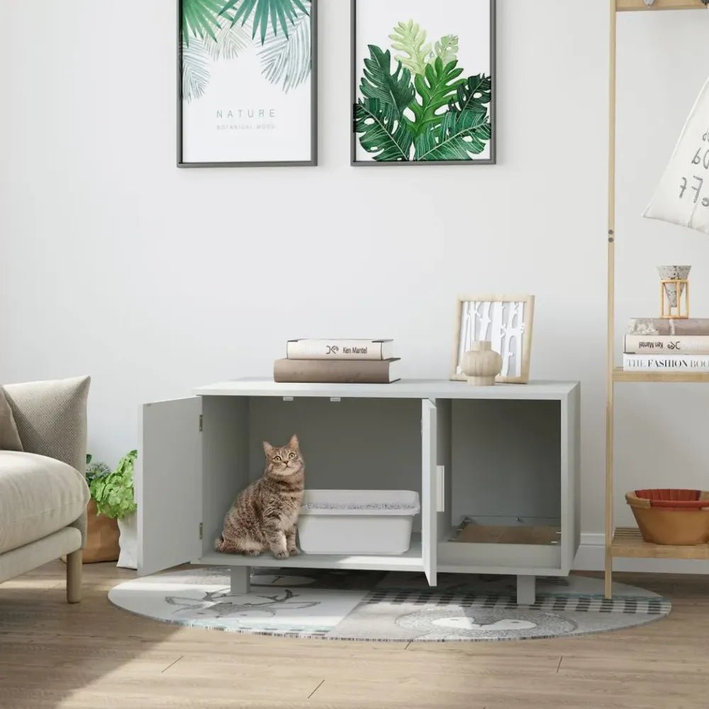 Indoor Feline Cat Box Furniture Kitty Table w/ Scratch & Magnetic Doors, Grey - SILVIONIX