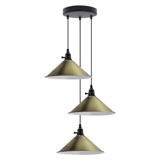 Industrial 3 Head Cluster Ceiling Pendant Adjustable Cord - E27 Base,Metal Light Fitting, Cone Shaped Light Shade - SILVIONIX