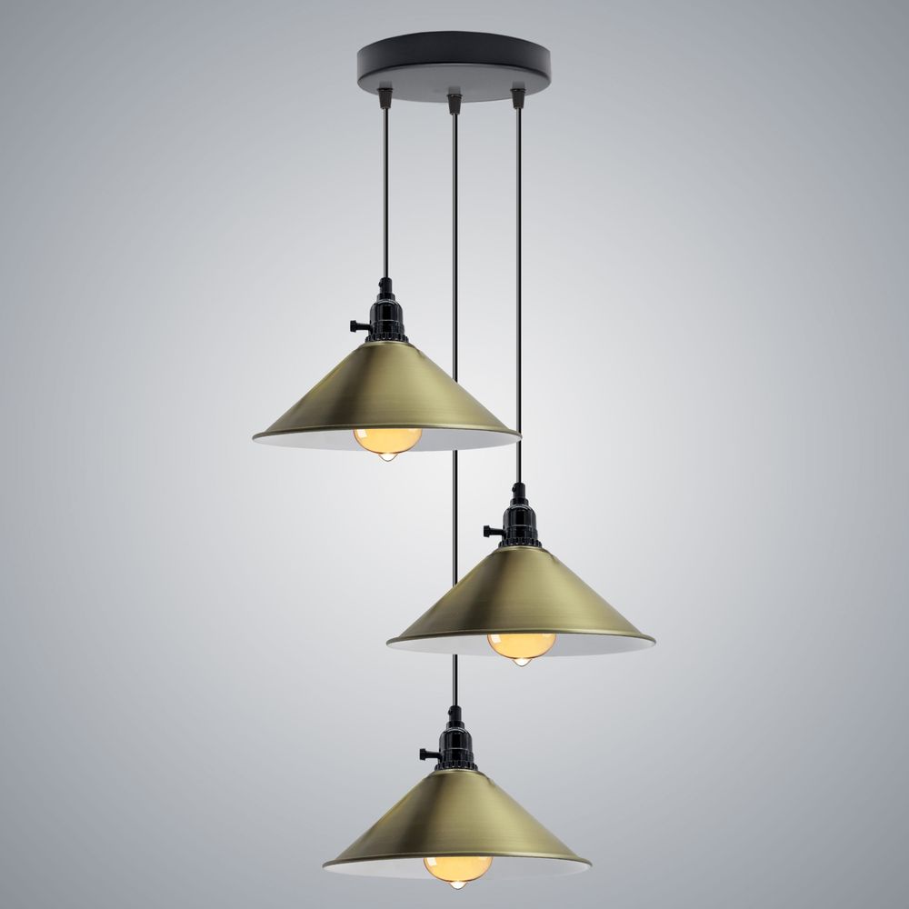 Industrial 3 Head Cluster Ceiling Pendant Adjustable Cord - E27 Base,Metal Light Fitting, Cone Shaped Light Shade - SILVIONIX