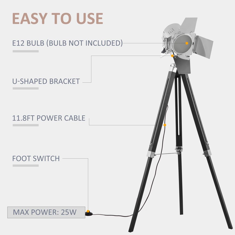 Industrial Tripod Floor Cinema Spotlight with Wood Legs Black & Silver - SILVIONIX