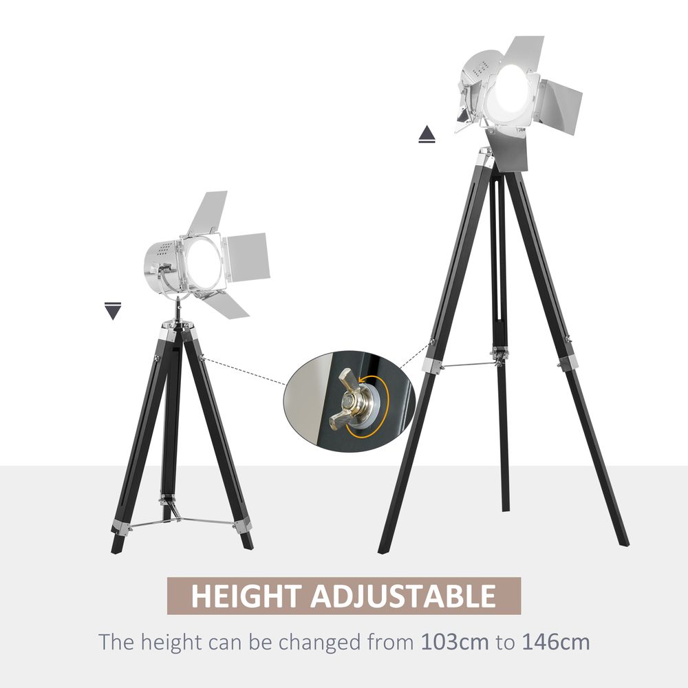 Industrial Tripod Floor Cinema Spotlight with Wood Legs Black & Silver - SILVIONIX