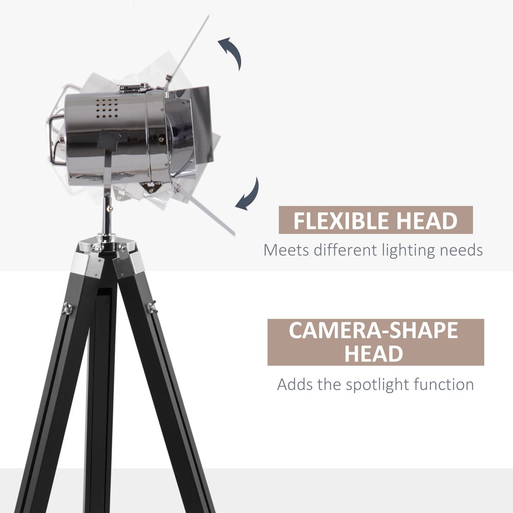 Industrial Tripod Floor Cinema Spotlight with Wood Legs Black & Silver - SILVIONIX