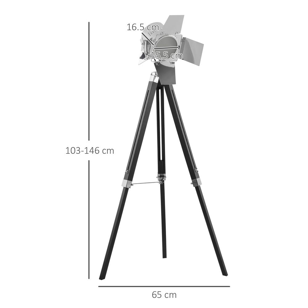 Industrial Tripod Floor Cinema Spotlight with Wood Legs Black & Silver - SILVIONIX