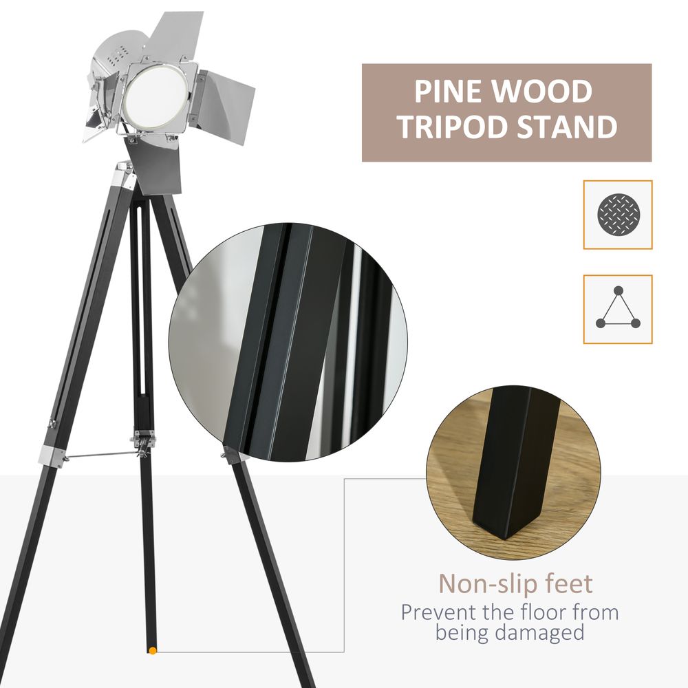 Industrial Tripod Floor Cinema Spotlight with Wood Legs Black & Silver - SILVIONIX