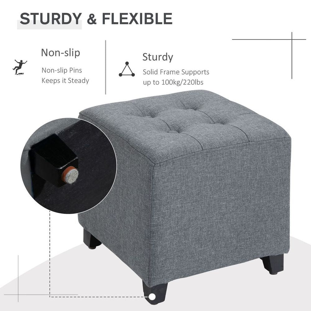 Linen - Look Square Ottoman Footstool Button Tufts Wood Frame Padding Grey - SILVIONIX