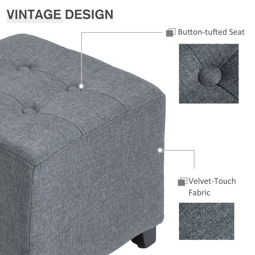 Linen - Look Square Ottoman Footstool Button Tufts Wood Frame Padding Grey - SILVIONIX