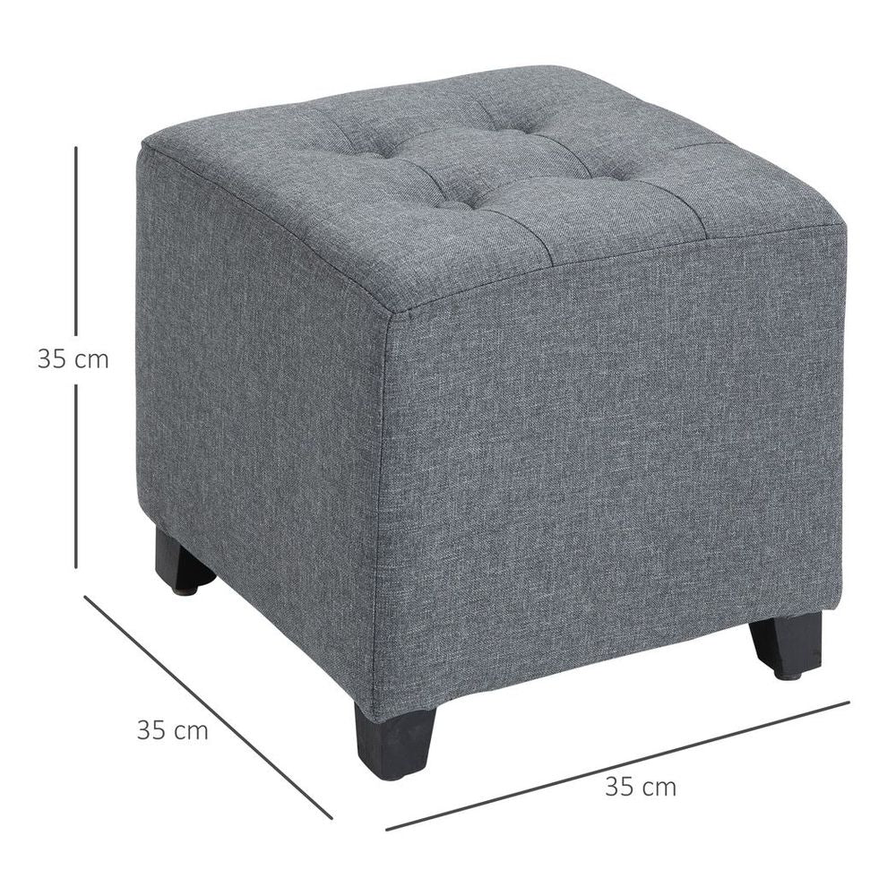 Linen - Look Square Ottoman Footstool Button Tufts Wood Frame Padding Grey - SILVIONIX