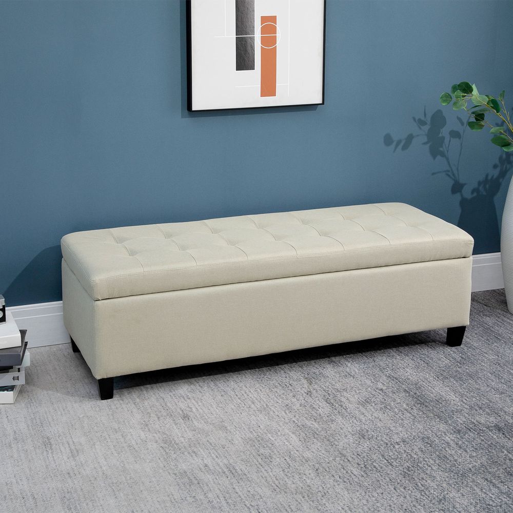 Linen Storage Ottoman Bench Padded w/ Tufting Hinged Lid Wood Frame Feet - SILVIONIX