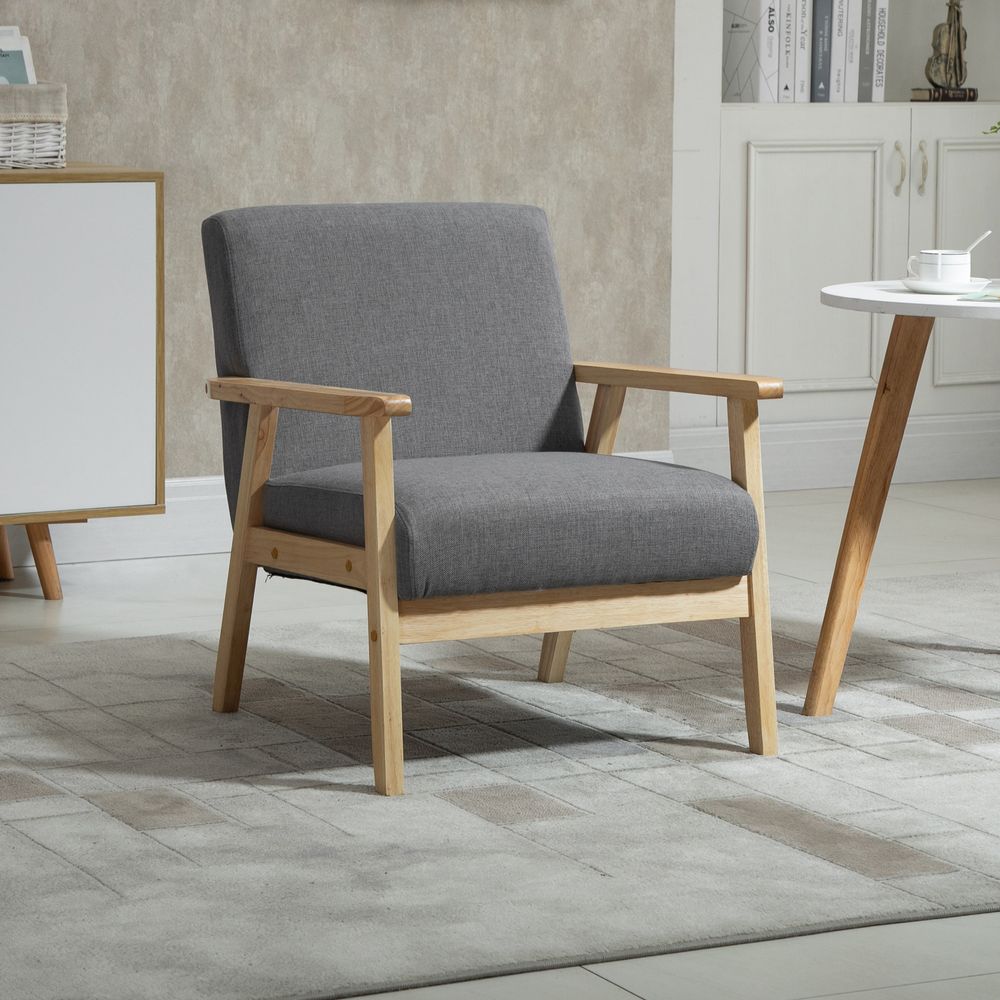 Linen Upholstered Pine Wood Accent Armchair Grey/Oak - SILVIONIX