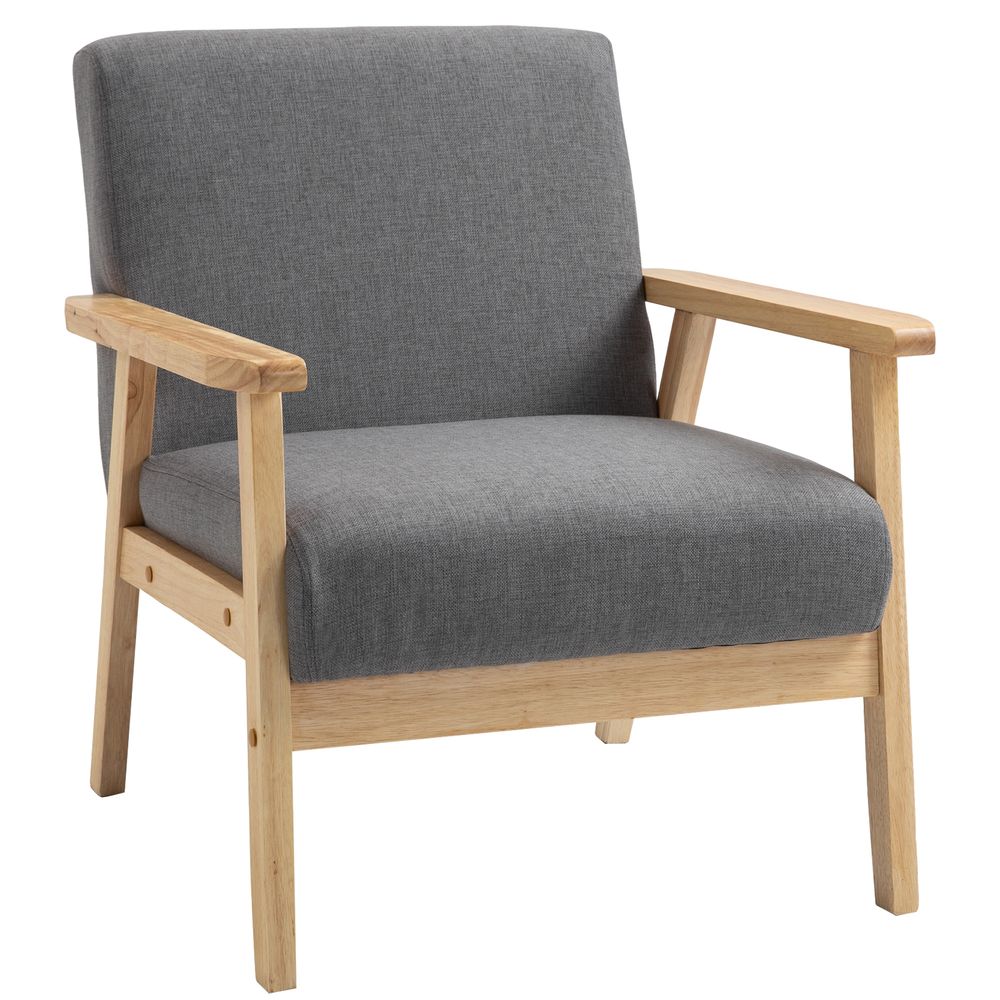 Linen Upholstered Pine Wood Accent Armchair Grey/Oak - SILVIONIX