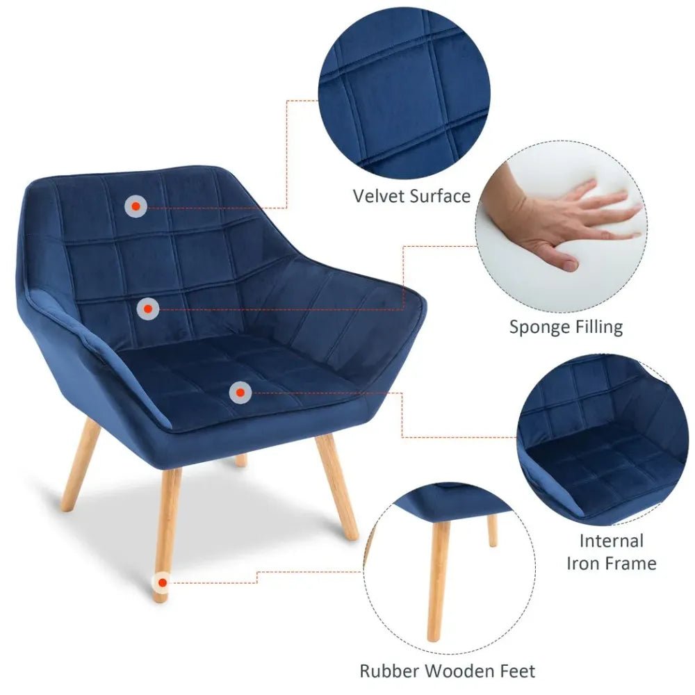 Luxe Velvet - Feel Accent Chair w/ Wide Arms Slanted Back Padding Wood Legs Blue - SILVIONIX