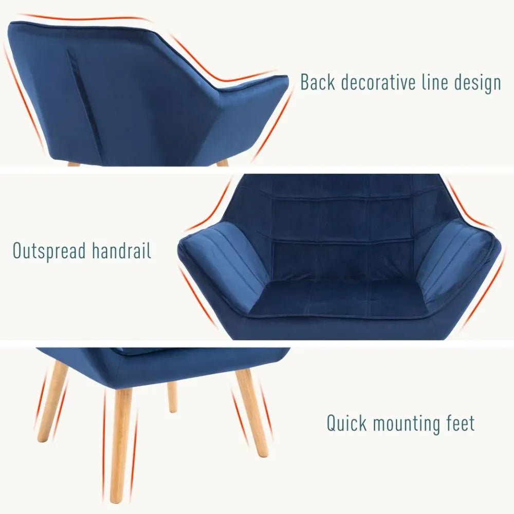 Luxe Velvet - Feel Accent Chair w/ Wide Arms Slanted Back Padding Wood Legs Blue - SILVIONIX