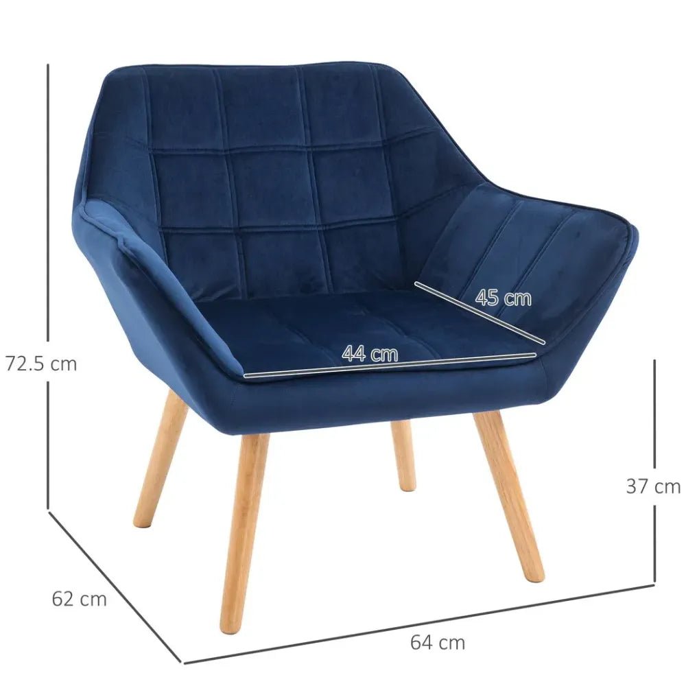 Luxe Velvet - Feel Accent Chair w/ Wide Arms Slanted Back Padding Wood Legs Blue - SILVIONIX