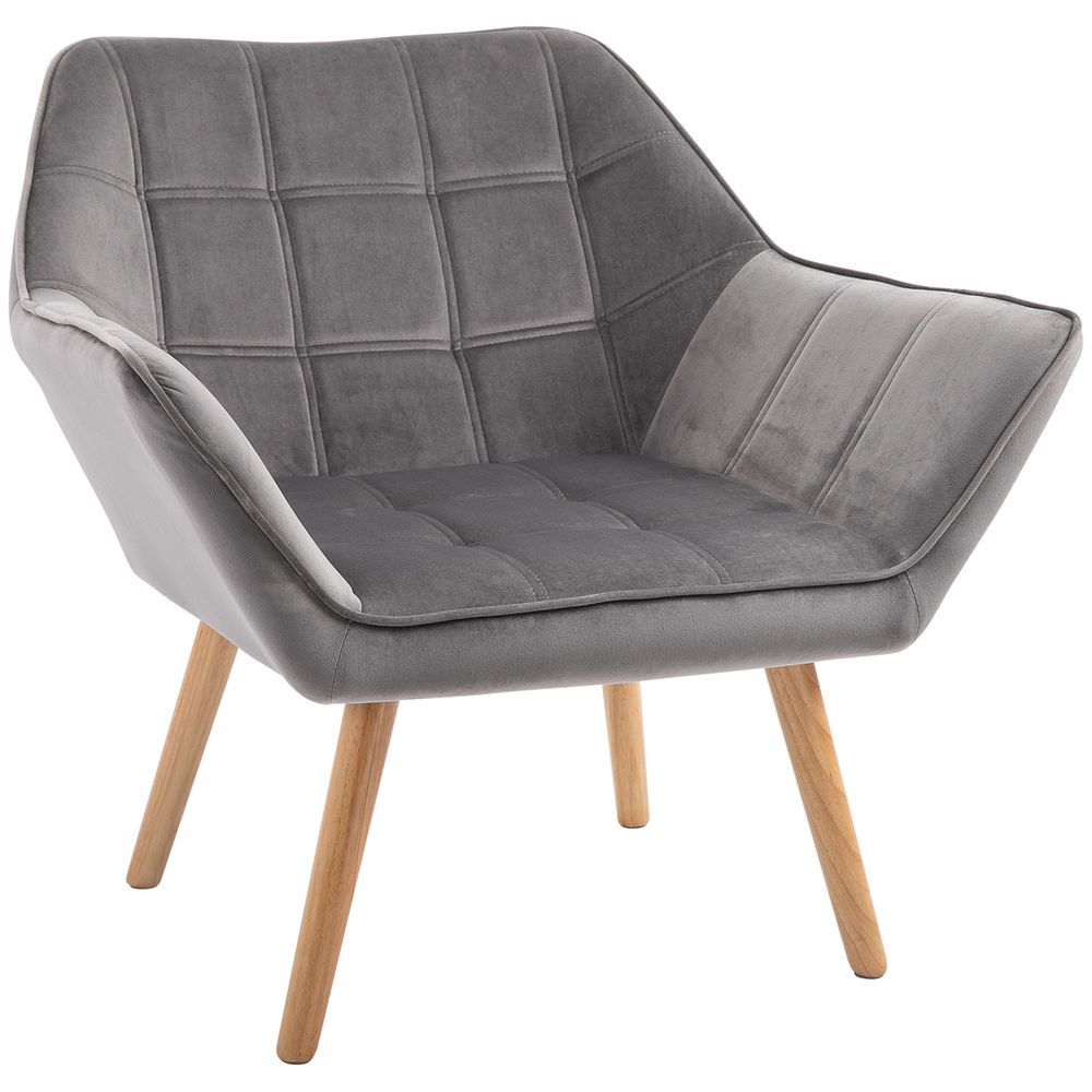 Luxe Velvet - Feel Accent Chair w/ Wide Arms Slanted Back Padding Wood Legs Grey - SILVIONIX