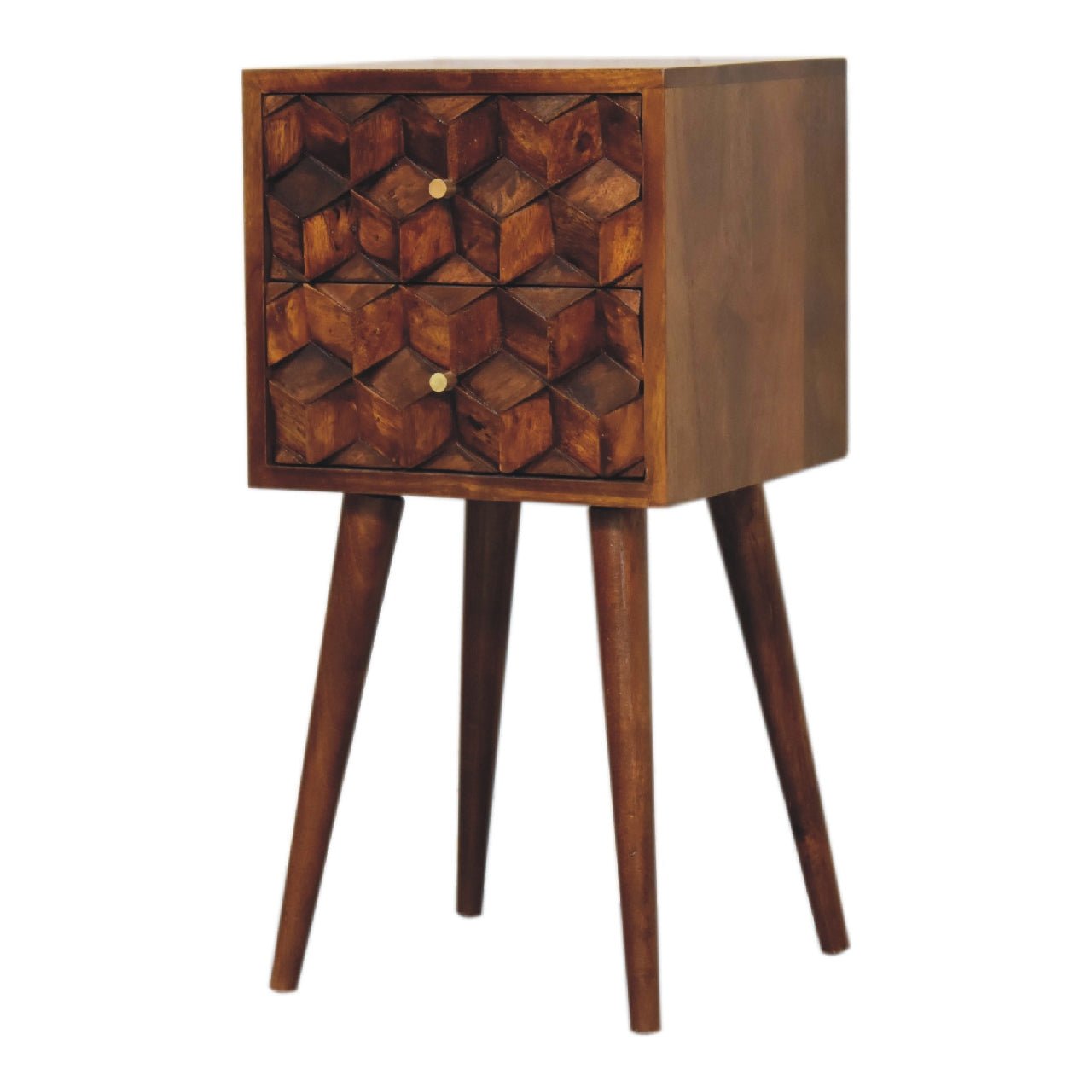 Mini Chestnut Cube Carved 2 Drawer Bedside - SILVIONIX