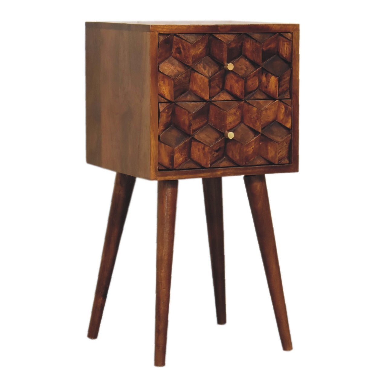 Mini Chestnut Cube Carved 2 Drawer Bedside - SILVIONIX