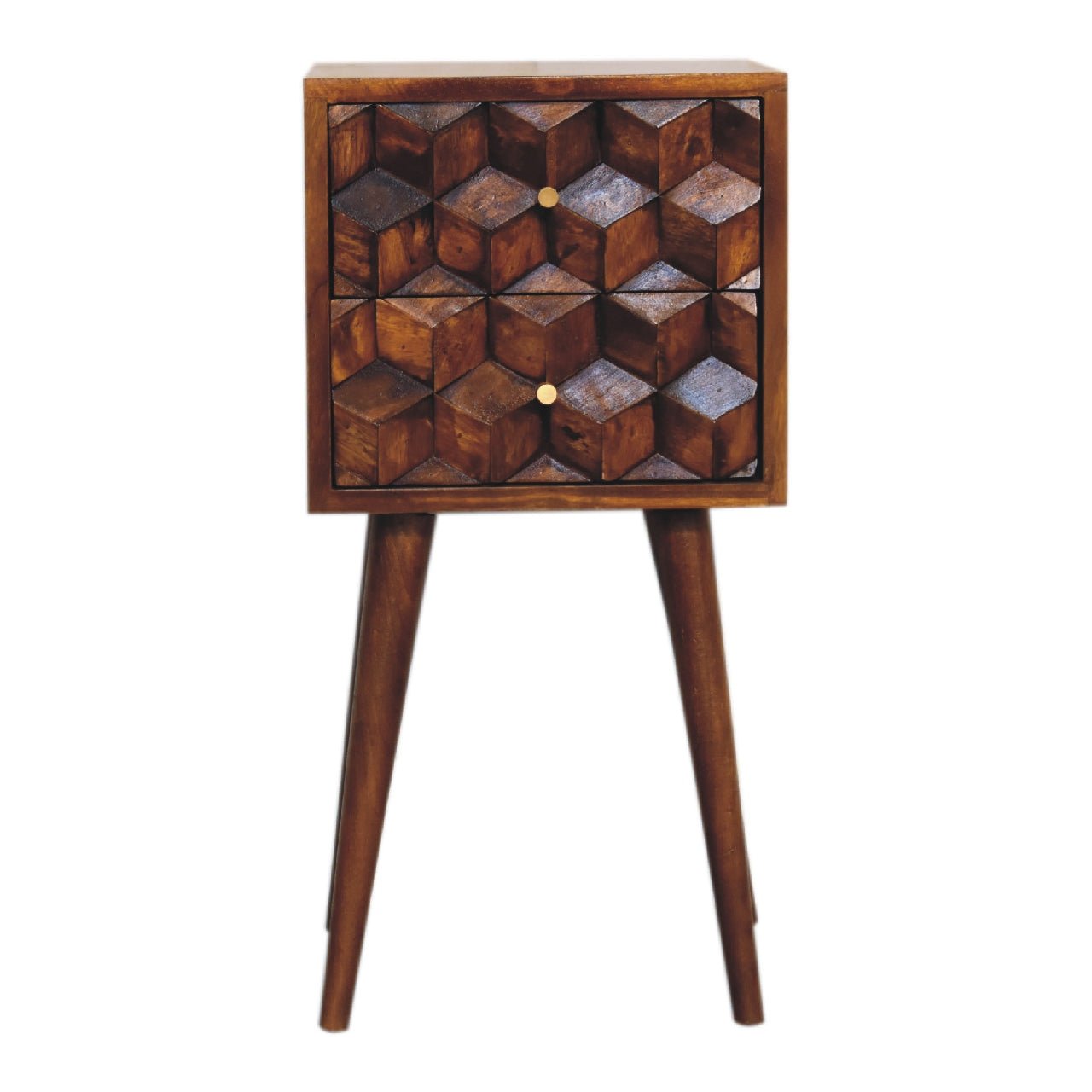 Mini Chestnut Cube Carved 2 Drawer Bedside - SILVIONIX