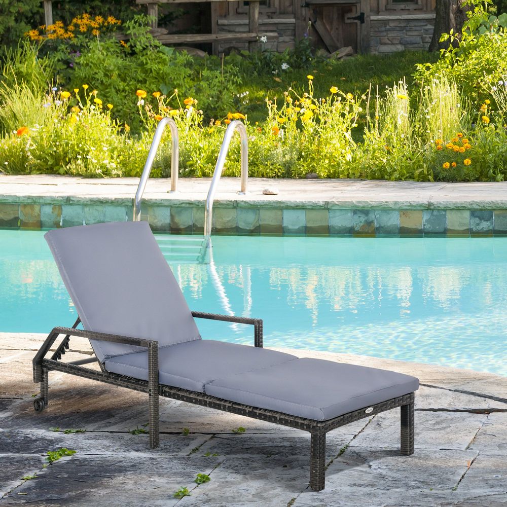 Mixed Grey Rattan Sun Lounger Garden Furniture w/ Adjustable Backrest & Wheels - SILVIONIX