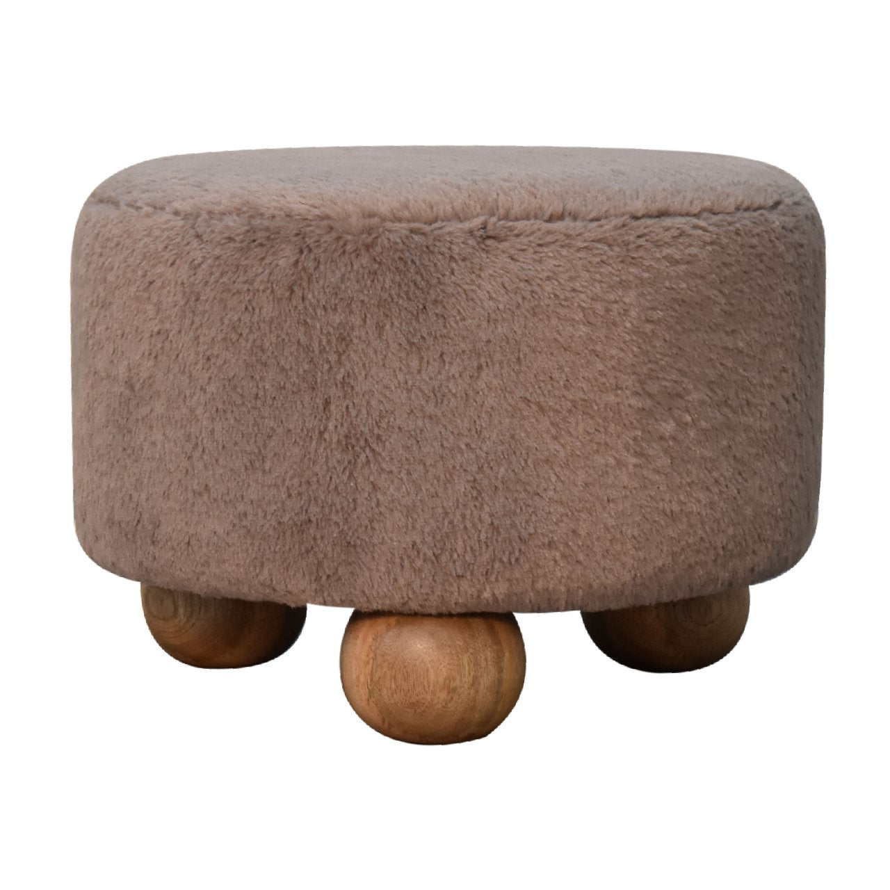 Mocha Faux Fur Round Ball Footstool - SILVIONIX