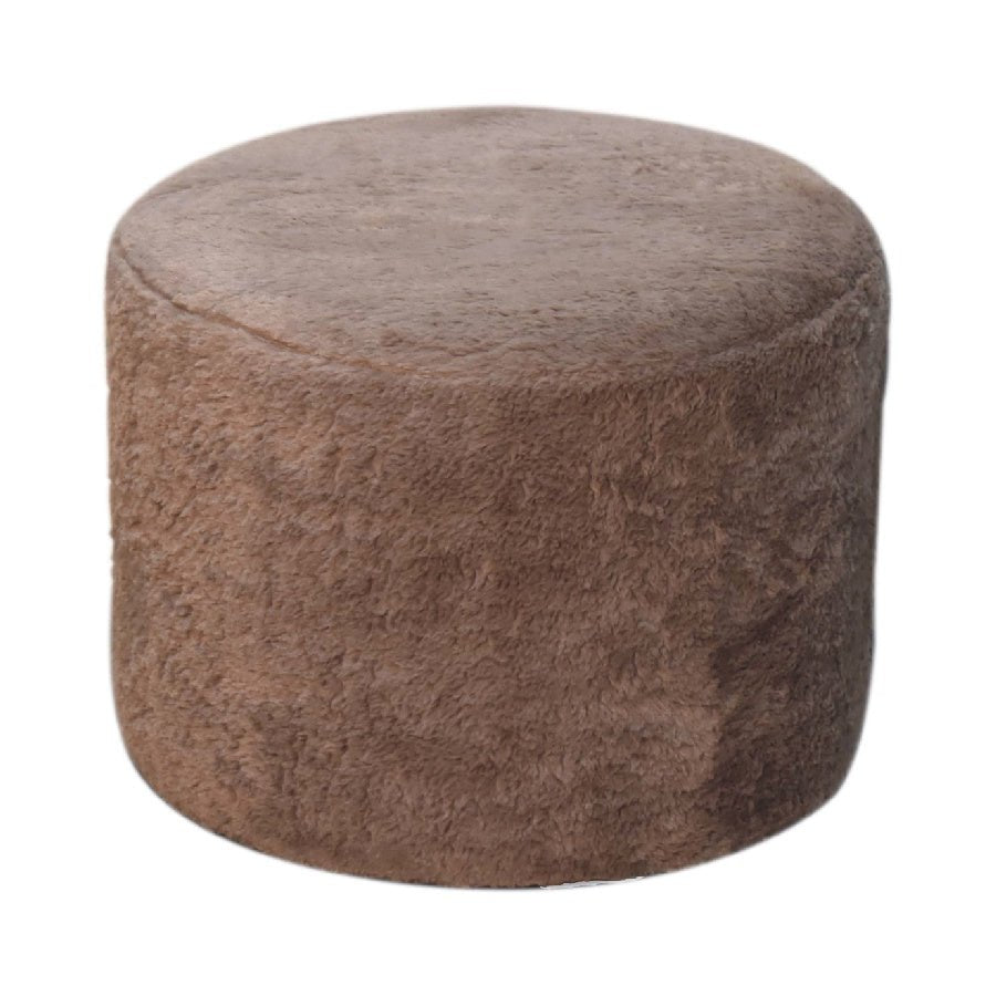 Mocha Faux Fur Round Footstool - SILVIONIX